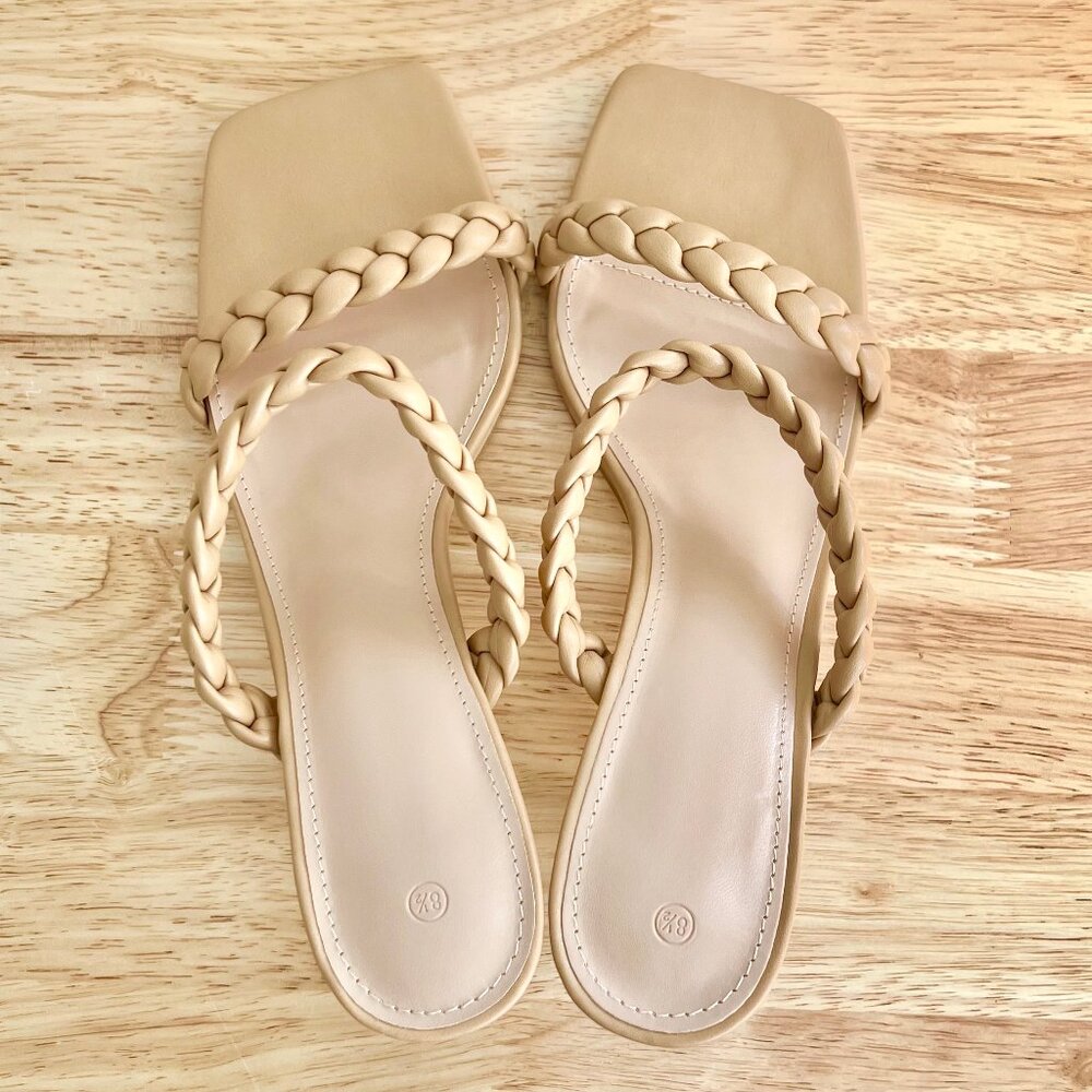 Women's 8.5 Nude Tan Beige Vegan Leather Braided Strappy Square Toe Sandal Heels - Picture 7 of 8